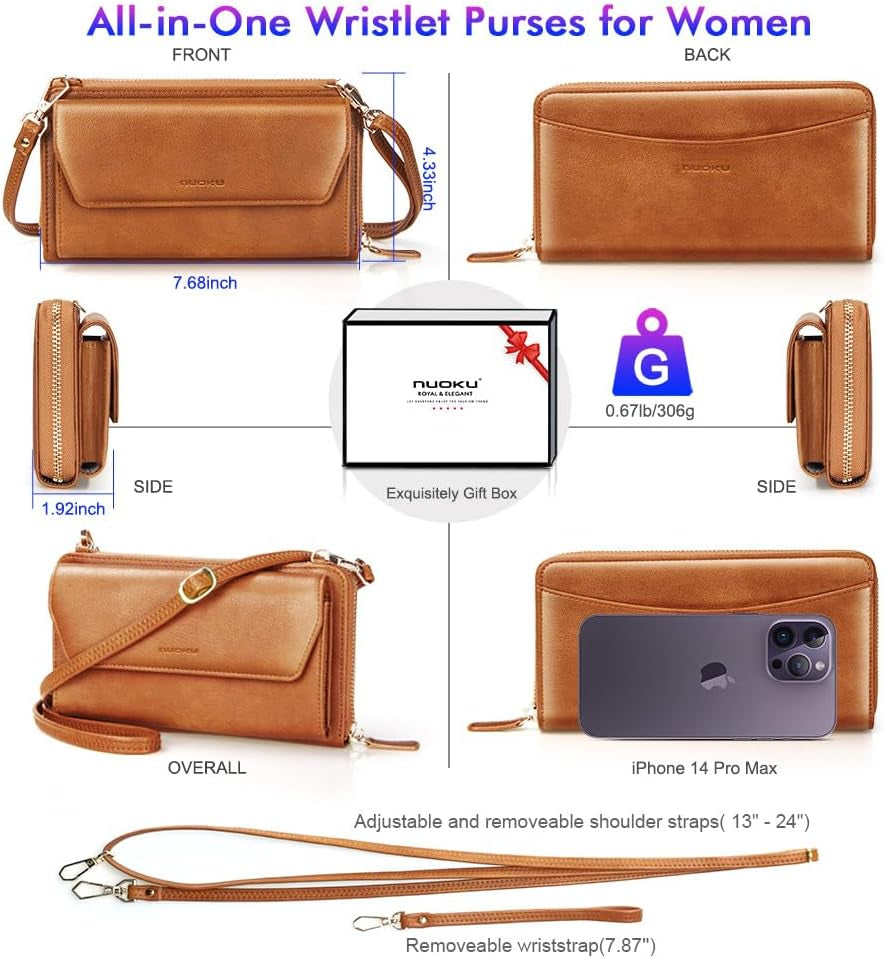 Womens RFID Wallet Purse Wristlet Crossbody Clutch with Zip around 2 Strap