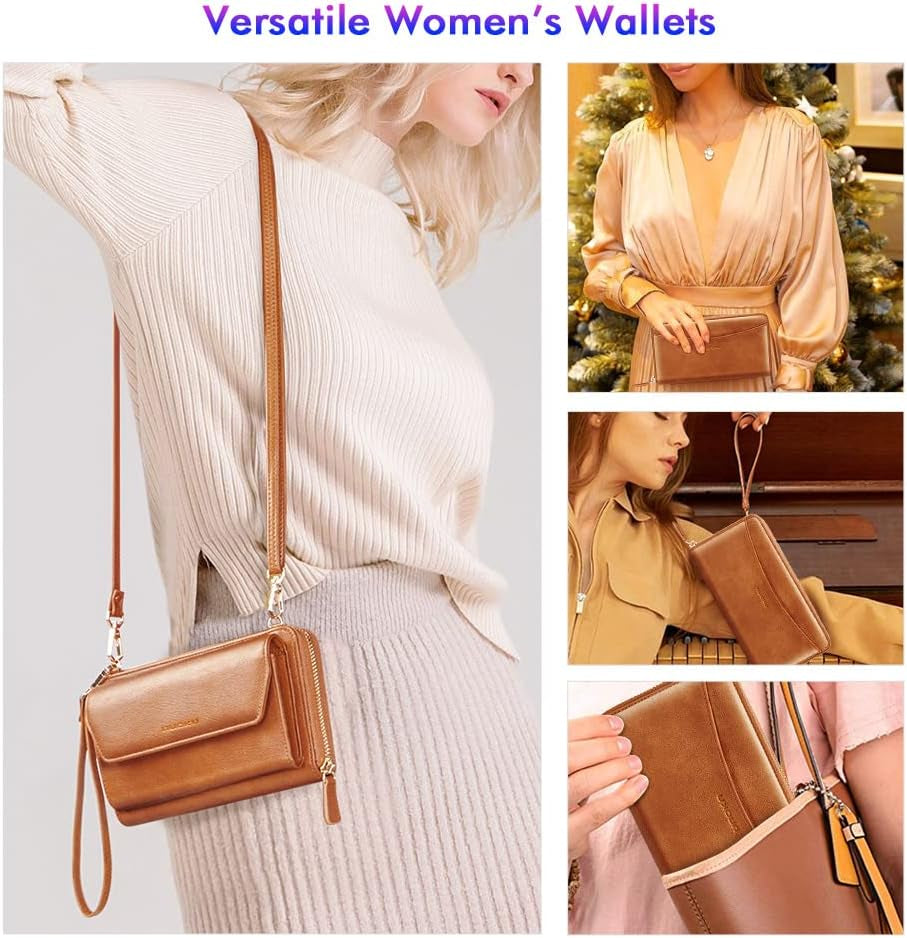 Womens RFID Wallet Purse Wristlet Crossbody Clutch with Zip around 2 Strap