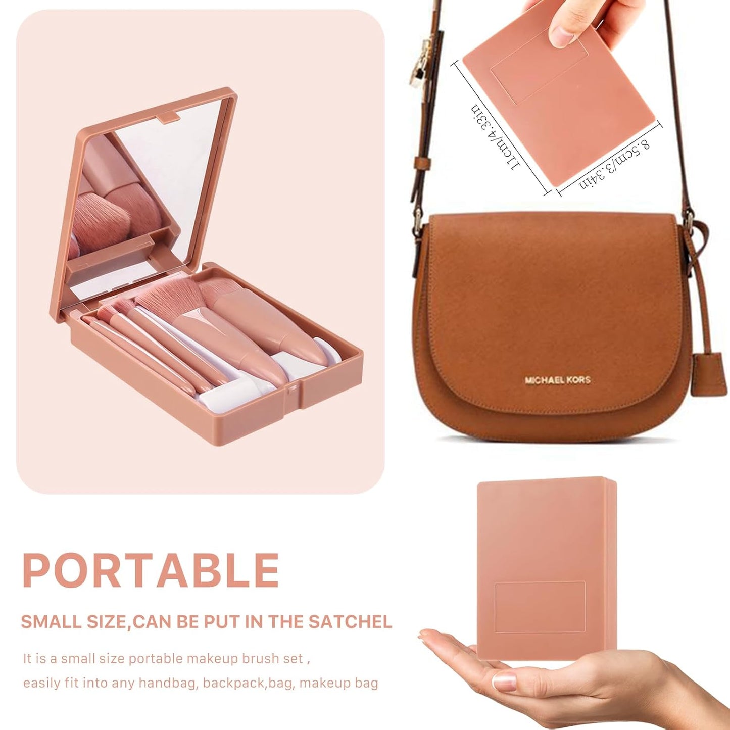 Travel Makeup Brush Set, Easy-Taken 5Pcs Professional Mini Cosmetic Brushes Kit Complete Function Small Size with Case for Women (5Pcs with Mirror,Pink)