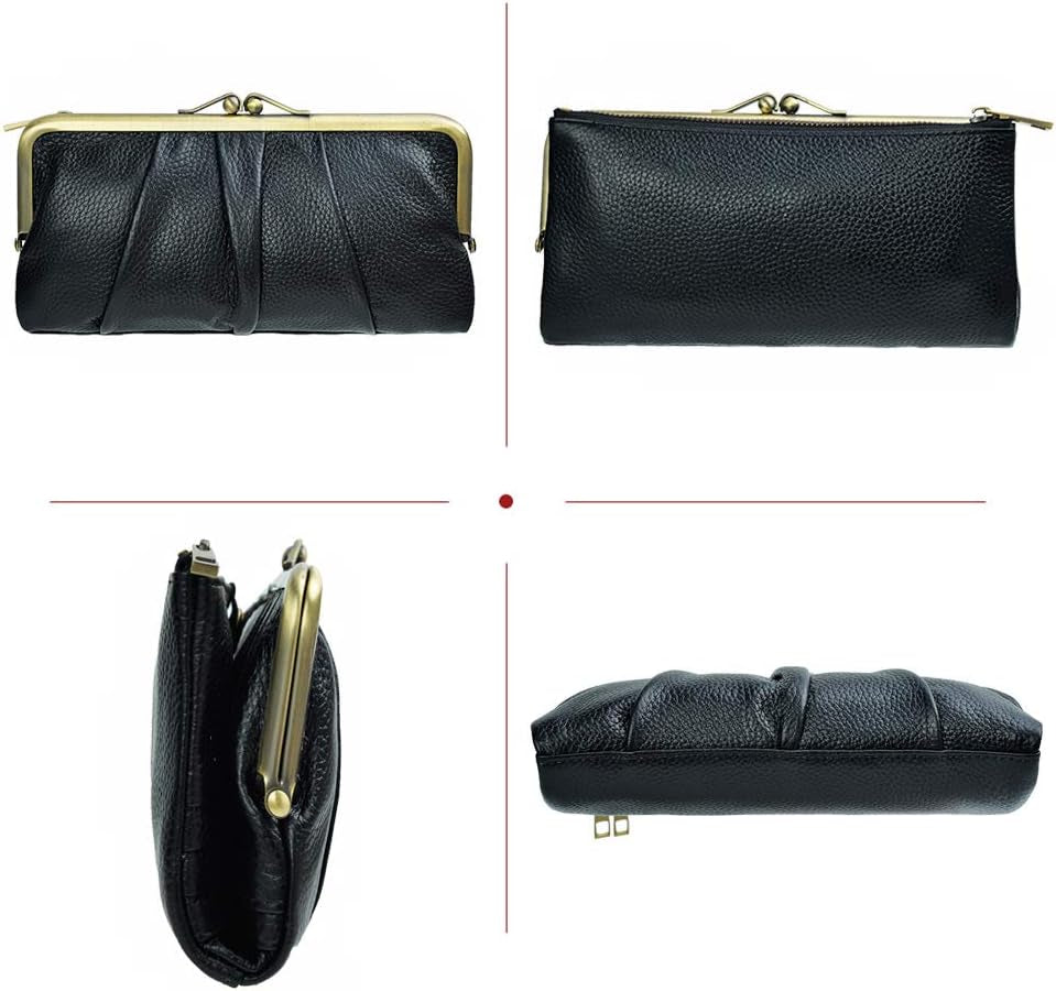 Soft Leather Wallets for Women Compact Bifold RFID Clutch Wallet Ladies Coin Purse with Zipper and Kiss Lock