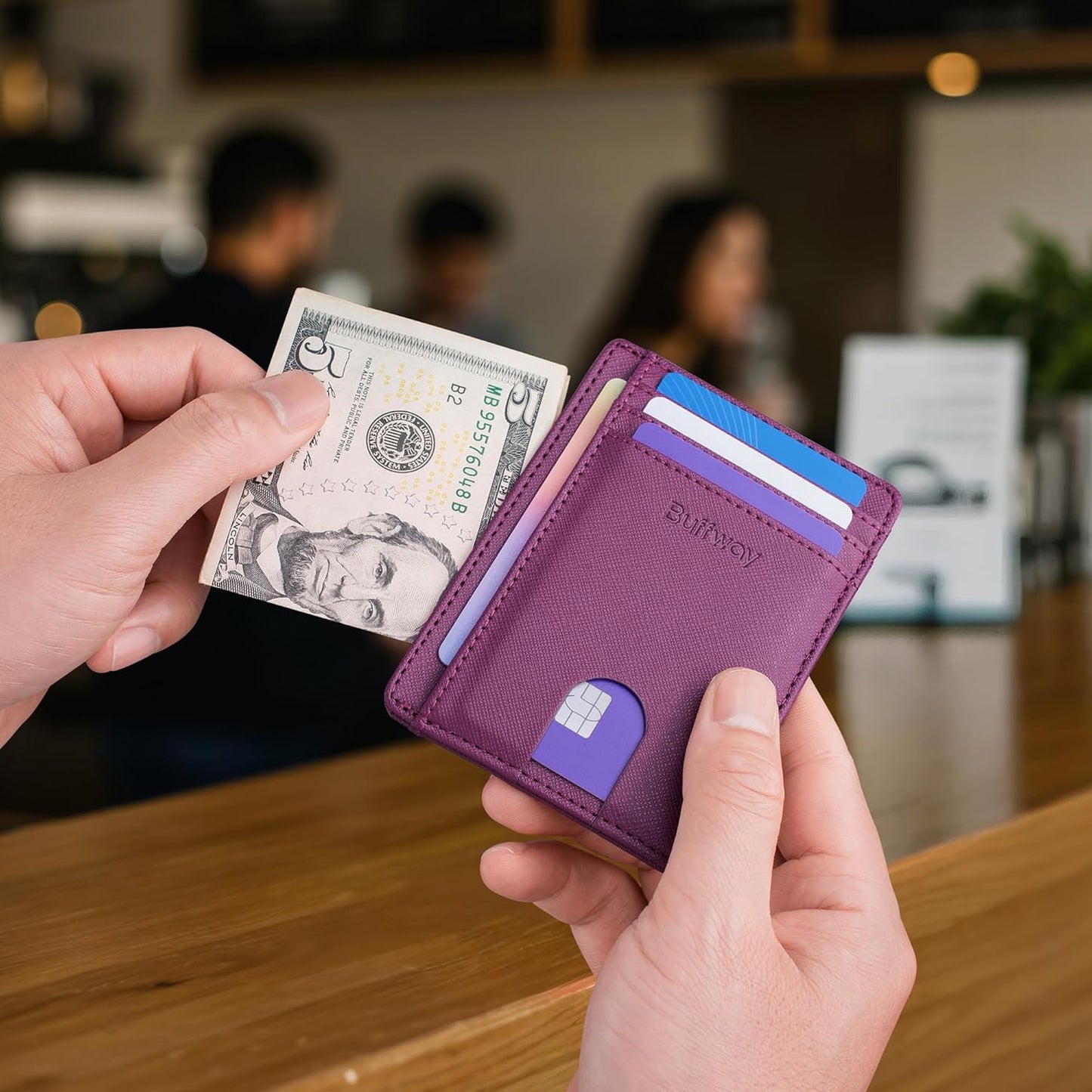 Slim Minimalist Front Pocket RFID Blocking Leather Wallets for Men and Women - Cross Purple