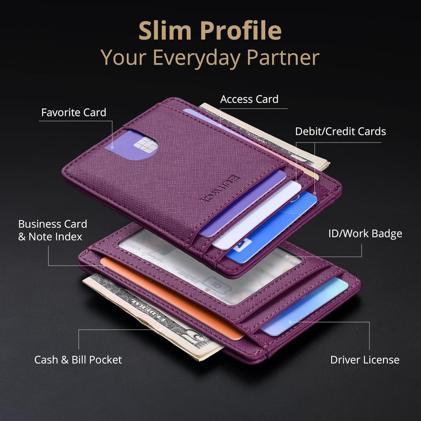 Slim Minimalist Front Pocket RFID Blocking Leather Wallets for Men and Women - Cross Purple
