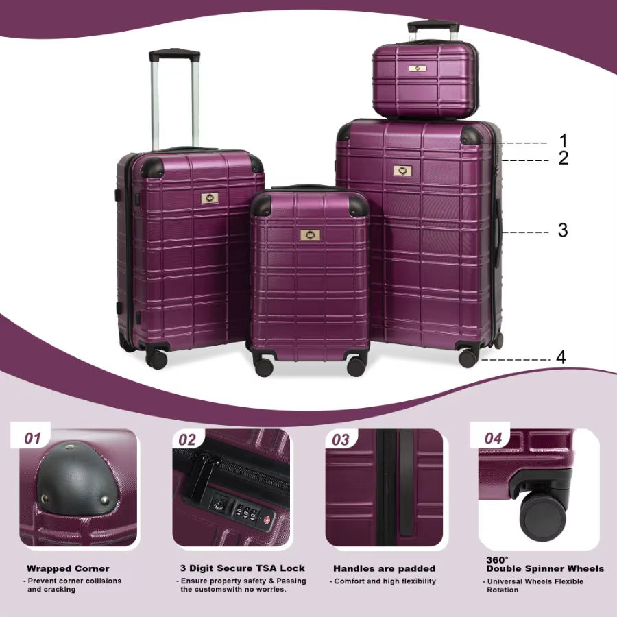 4-Piece Hardside Luggage Set – Lightweight ABS Suitcases with Spinner Wheels & TSA Lock