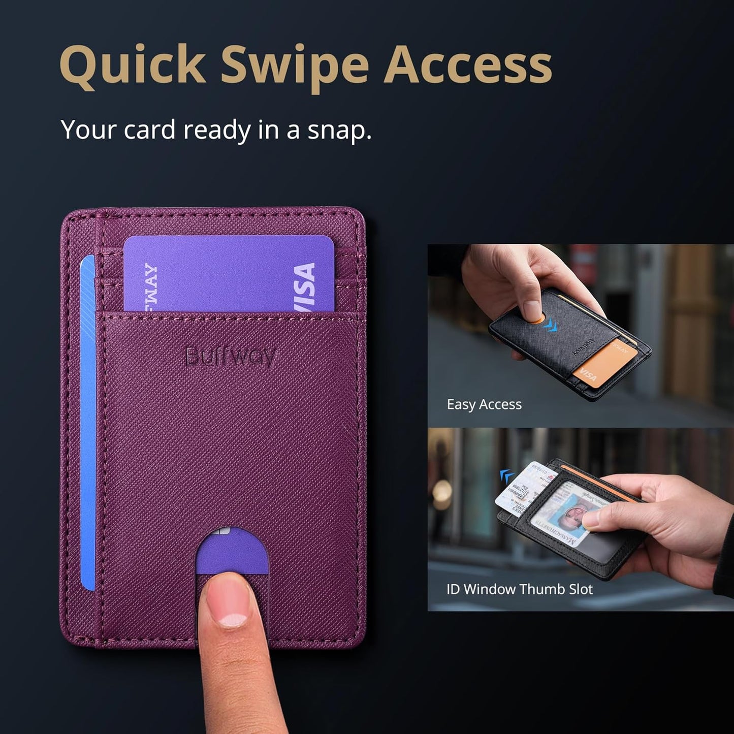 Slim Minimalist Front Pocket RFID Blocking Leather Wallets for Men and Women - Cross Purple