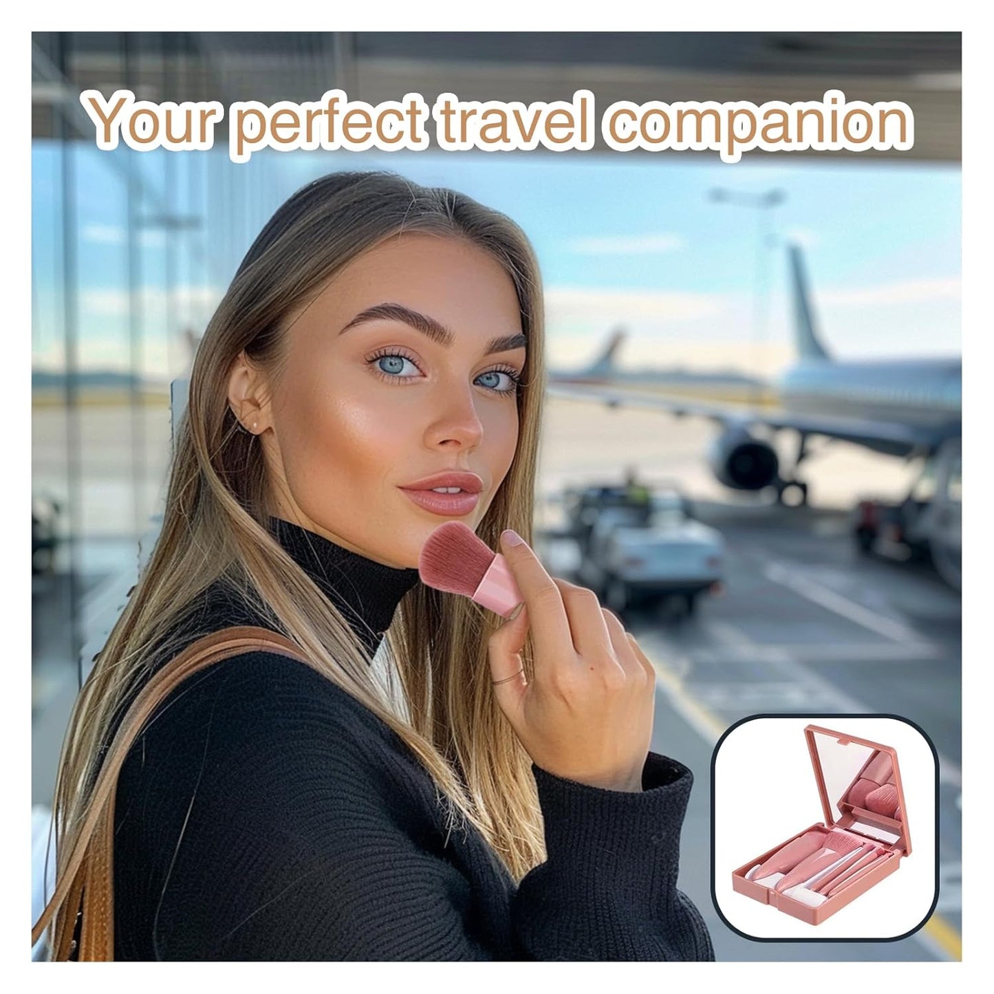 Travel Makeup Brush Set, Easy-Taken 5Pcs Professional Mini Cosmetic Brushes Kit Complete Function Small Size with Case for Women (5Pcs with Mirror,Pink)