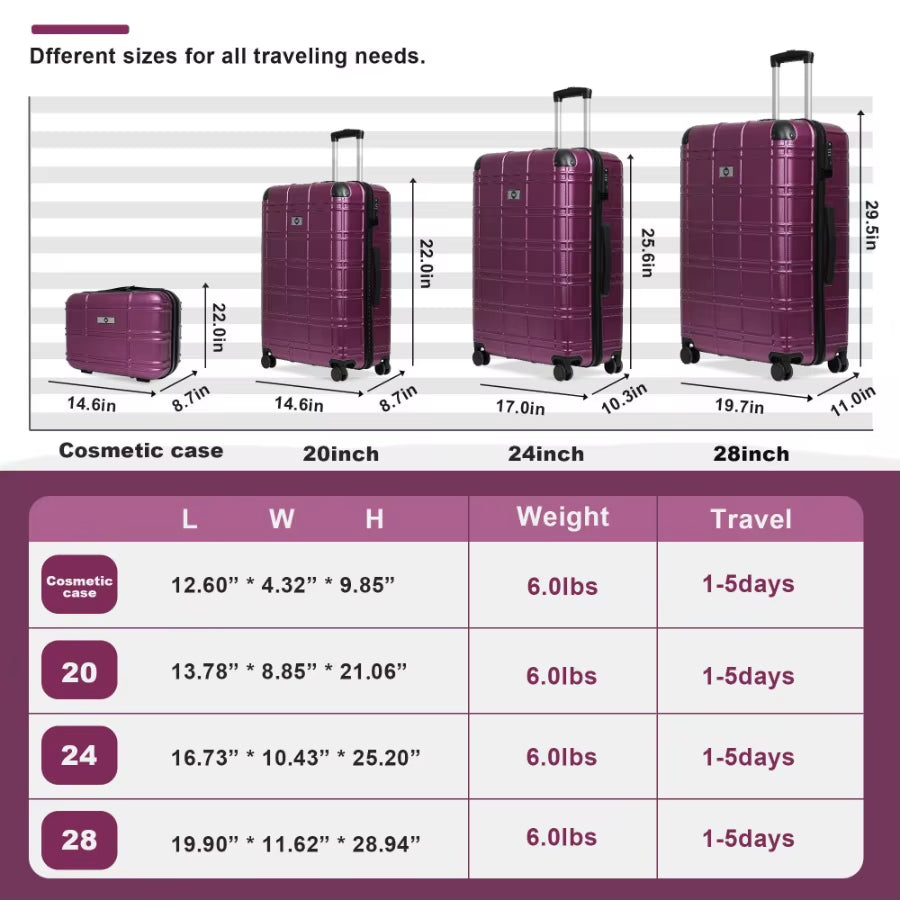 4-Piece Hardside Luggage Set – Lightweight ABS Suitcases with Spinner Wheels & TSA Lock