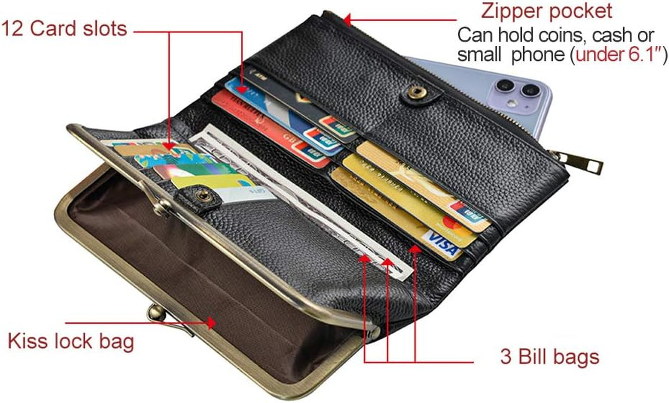 Soft Leather Wallets for Women Compact Bifold RFID Clutch Wallet Ladies Coin Purse with Zipper and Kiss Lock