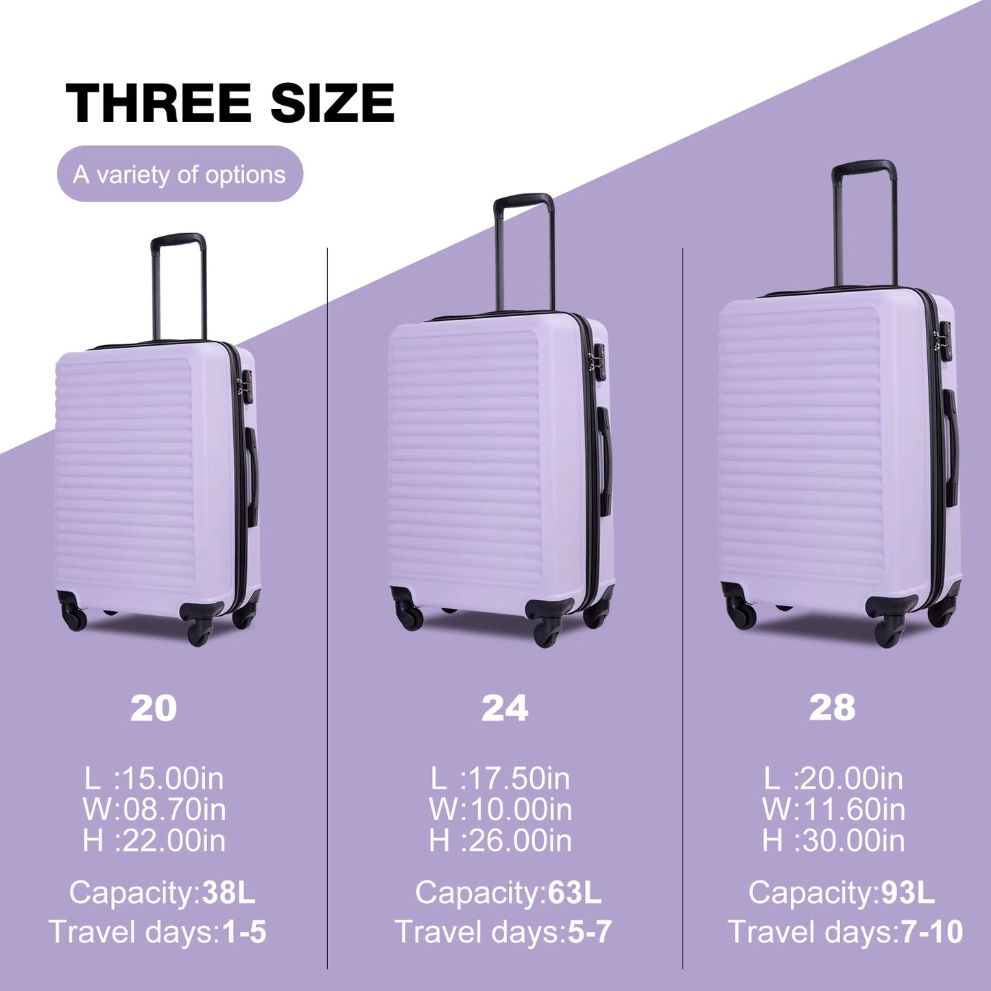 3-Piece Hardside Luggage Set – Lightweight Spinner Suitcases with TSA Lock 20”/24”/28” (Multiple Colors Available)