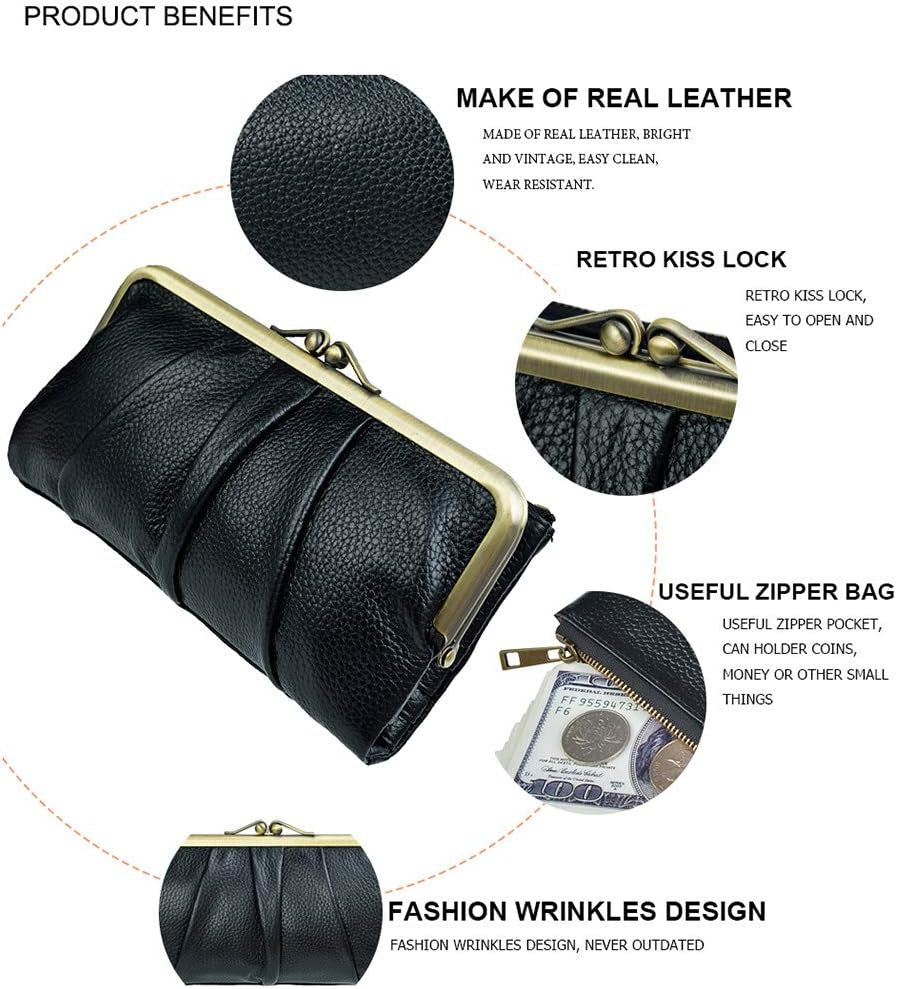 Soft Leather Wallets for Women Compact Bifold RFID Clutch Wallet Ladies Coin Purse with Zipper and Kiss Lock