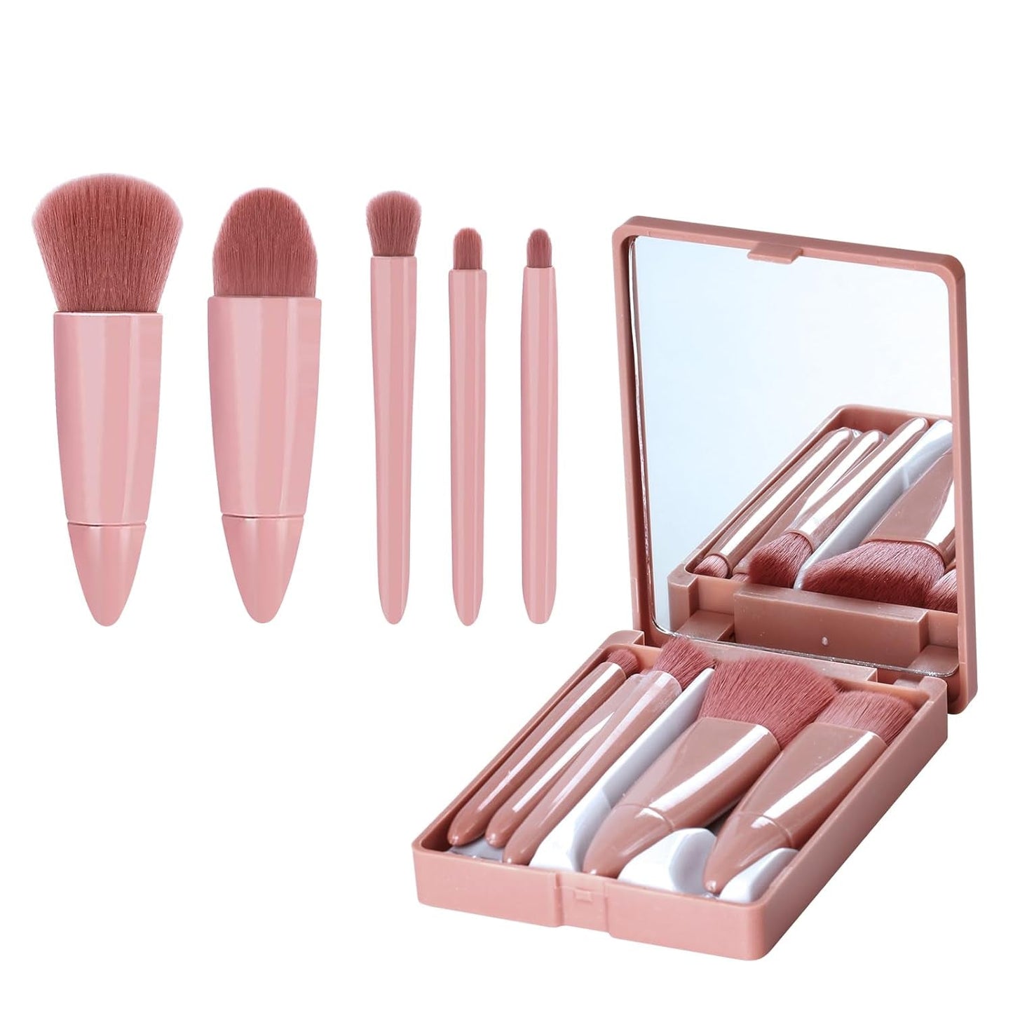 Travel Makeup Brush Set, Easy-Taken 5Pcs Professional Mini Cosmetic Brushes Kit Complete Function Small Size with Case for Women (5Pcs with Mirror,Pink)
