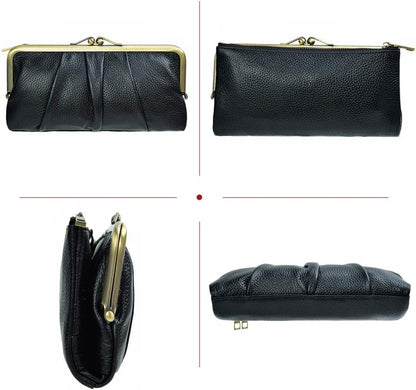 Soft Leather Wallets for Women Compact Bifold RFID Clutch Wallet Ladies Coin Purse with Zipper and Kiss Lock