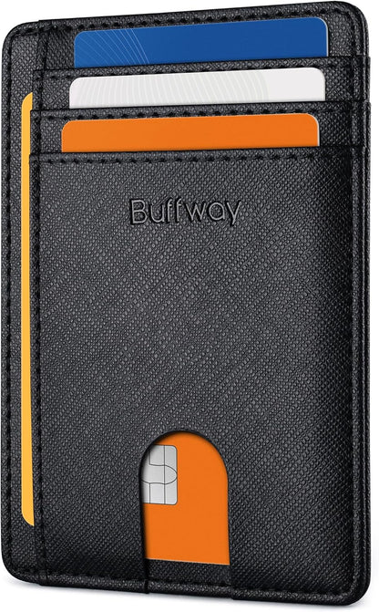 Slim Minimalist Front Pocket RFID Blocking Leather Wallets for Men and Women - Cross Black