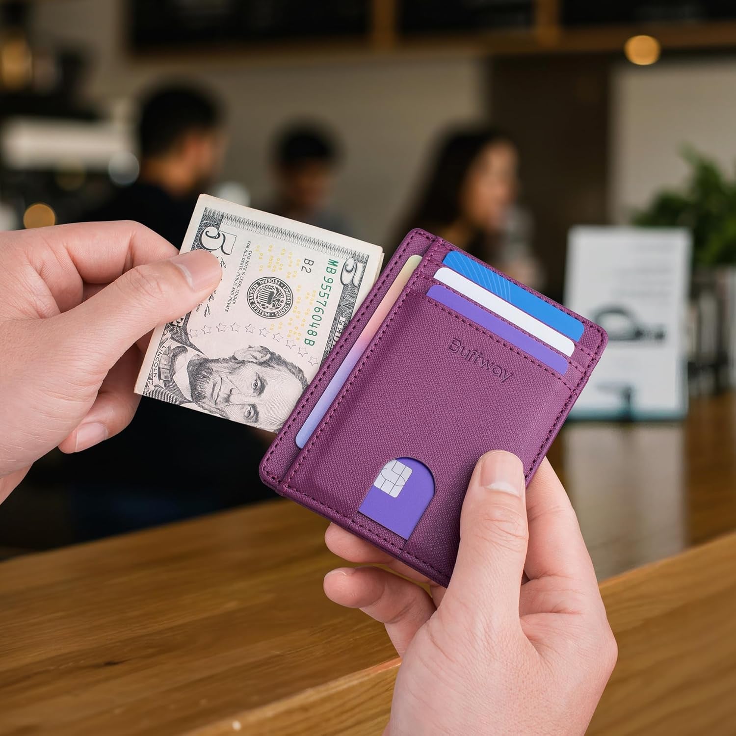 Slim Minimalist Front Pocket RFID Blocking Leather Wallets for Men and Women - Cross Purple