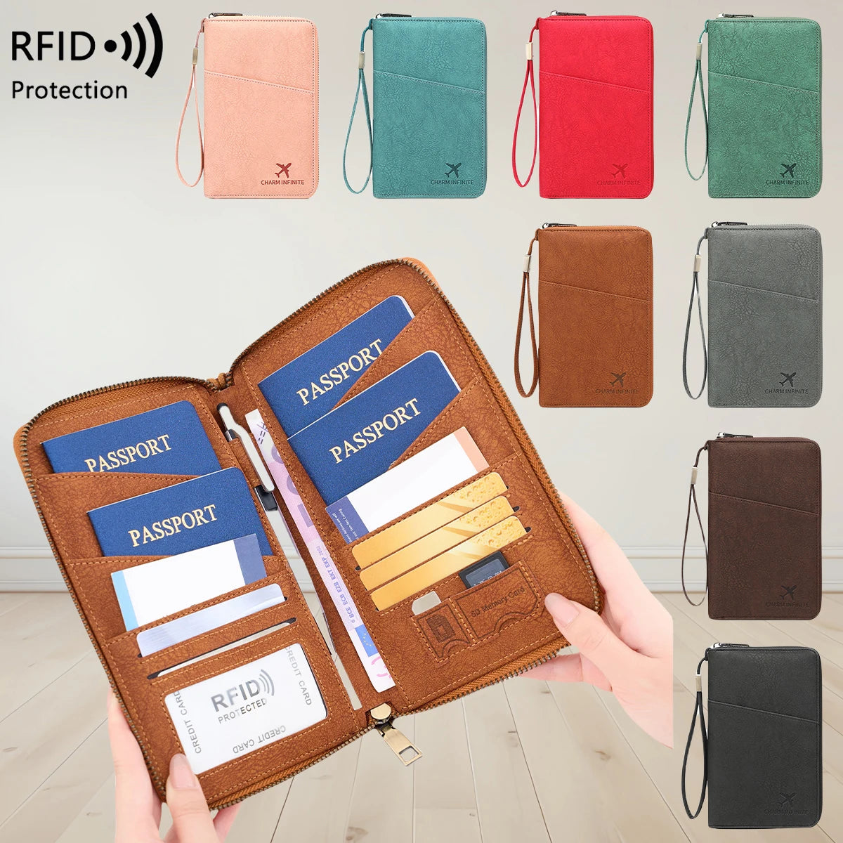 RFID Travel Passport Wallet – Multi-Passport Organizer with Zippered Ticket Storage