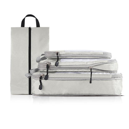 4-piece Set Beige Compression Travel Storage Bags Set, Mesh Travel Organizers for Luggage, Foldable and Space-Saving Packing Cubes