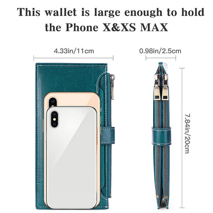 Dark Green Large Capacity Women's Leather Wallet - RFID Blocking Card Holder
