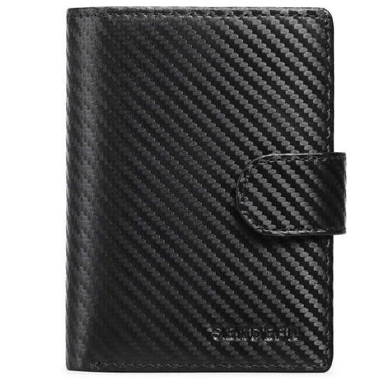 Black Plaid Men's Short Leather Wallet with RFID Protection - Genuine Cowhide Cardholder with Coin Pocket