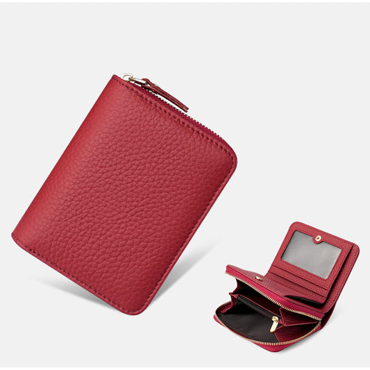 Red Compact RFID Genuine Leather Wallet for Women - Secure Zipper Card Holder & Coin Purse