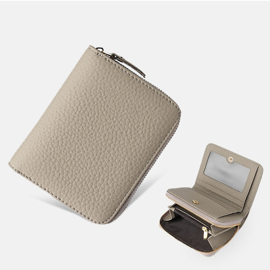 Grey Compact RFID Genuine Leather Wallet for Women - Secure Zipper Card Holder & Coin Purse