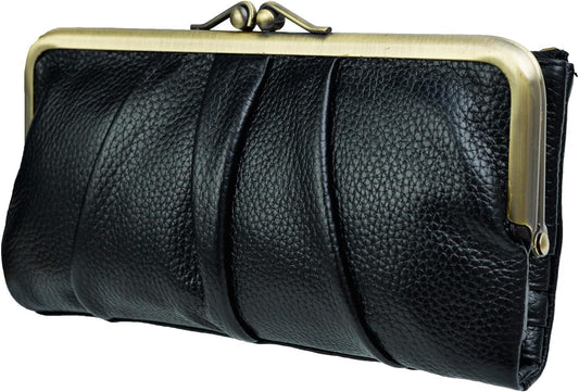 Soft Leather Wallets for Women Compact Bifold RFID Clutch Wallet Ladies Coin Purse with Zipper and Kiss Lock