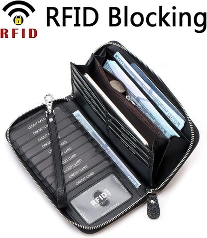 Womens Wallet RFID Blocking Genuine Leather Multi Credit Card Large Capacity Zip around Clutch Travel Purse Wristlet